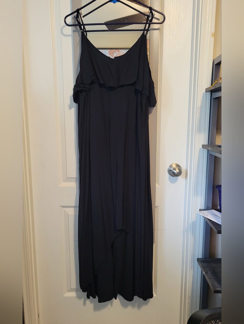 Rewind Black Off-Shoulder Maxi with Thin Spaghetti Straps